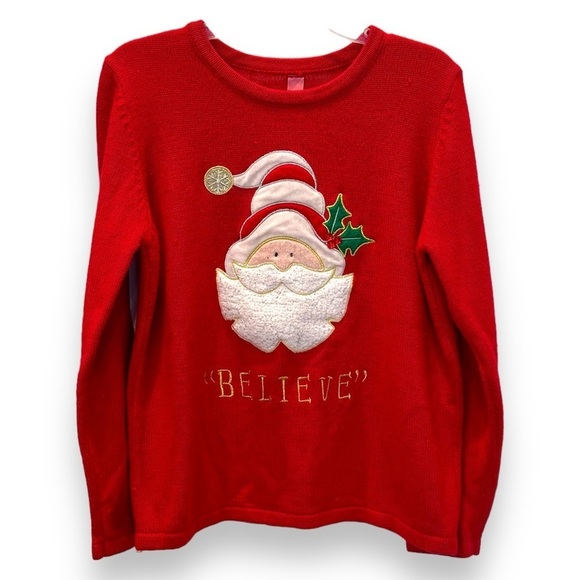 Sweaters - Santa Red Christmas Sweater "Believe" Knit Pullover Sweater
